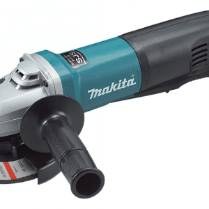 Image displays the Makita 9565PC, a 125mm Angle Grinder with a paddle switch, highlighting its compact and ergonomic design in the classic Makita teal and black color scheme. This powerful tool is engineered for a range of grinding and cutting tasks, featuring a high-performance motor with SJS (Super Joint System) technology to prevent gear damage caused by accidental wheel binding. The grinder includes a soft start feature for smooth start-ups, a paddle switch for easy operation, and a dust-proof motor section for enhanced durability. It's equipped with a labyrinth construction to seal and protect the motor and bearings from dust and debris, making it ideal for heavy-duty use in various environments.