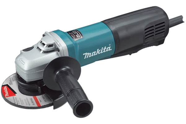 Image displays the Makita 9565PC, a 125mm Angle Grinder with a paddle switch, highlighting its compact and ergonomic design in the classic Makita teal and black color scheme. This powerful tool is engineered for a range of grinding and cutting tasks, featuring a high-performance motor with SJS (Super Joint System) technology to prevent gear damage caused by accidental wheel binding. The grinder includes a soft start feature for smooth start-ups, a paddle switch for easy operation, and a dust-proof motor section for enhanced durability. It's equipped with a labyrinth construction to seal and protect the motor and bearings from dust and debris, making it ideal for heavy-duty use in various environments.
