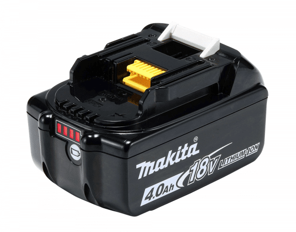 Image of the Makita BL1840B, an 18V 4.0Ah LXT Lithium-ion Battery, model 197265-4. This high-capacity battery features a sleek, compact design in black and teal, reflecting Makita's signature color scheme. It includes an integrated LED battery charge level indicator, allowing users to monitor charge status easily. Engineered for long life and fast charging, it's compatible with a broad range of Makita's cordless tools, offering extended run time for demanding applications. Ideal for professionals requiring reliable power for their Makita tools