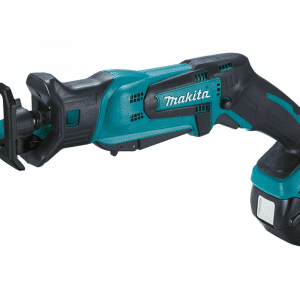 Image showcases the Makita 18V Cordless Reciprocating Saw, designed for powerful cutting with the convenience of cordless operation. The tool is characterized by its robust construction with a sleek black and teal color scheme, typical of Makita products. It features an ergonomic handle for comfort and control during use, and a tool-less blade change system for quick and easy blade swaps. Ideal for a wide range of cutting tasks, the saw is equipped with a variable speed trigger, allowing precise control over the cutting speed. This reciprocating saw is part of Makita's extensive 18V LXT battery platform, offering compatibility with a wide array of tools for professional and DIY projects alik