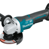 Image depicts the Makita DGA508Z, an 18V LXT Brushless Grinder with a 125mm paddle switch, emphasizing its efficient and ergonomic design. This cordless tool is finished in Makita's signature teal and black, featuring a brushless motor for longer runtime, increased power and speed, and extended tool life. The grinder includes a safety paddle switch, automatic speed change technology to adjust cut speed and torque during operation, and an electric brake for added safety. It also boasts an Active Feedback-sensing Technology (AFT) that shuts the tool down if the rotation speed suddenly slows. Designed for precision grinding and cutting in various materials, it's a versatile tool for professionals