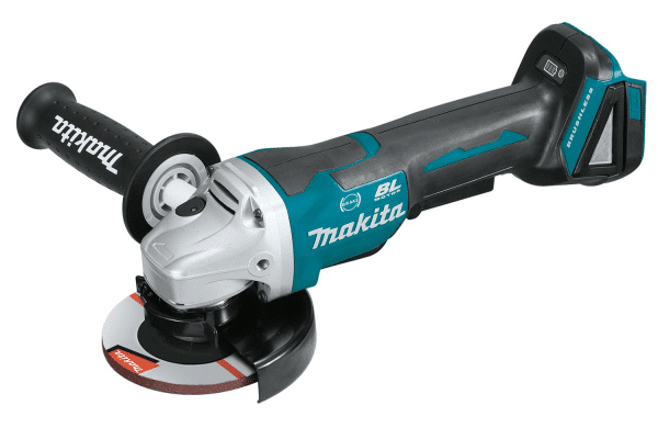 Image depicts the Makita DGA508Z, an 18V LXT Brushless Grinder with a 125mm paddle switch, emphasizing its efficient and ergonomic design. This cordless tool is finished in Makita's signature teal and black, featuring a brushless motor for longer runtime, increased power and speed, and extended tool life. The grinder includes a safety paddle switch, automatic speed change technology to adjust cut speed and torque during operation, and an electric brake for added safety. It also boasts an Active Feedback-sensing Technology (AFT) that shuts the tool down if the rotation speed suddenly slows. Designed for precision grinding and cutting in various materials, it's a versatile tool for professionals