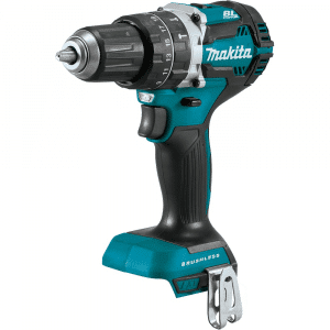 Image features the Makita DHP484Z, an 18V LXT Brushless Hammer Drill, showcased in Makita's iconic teal and black color scheme. This compact and powerful tool is designed for high-efficiency drilling and hammering into various materials. It boasts a brushless motor for longer run time, increased power and speed, and extended tool longevity. The drill includes a two-speed transmission, precise variable speed control, and a dual LED job light for working in dimly lit areas. Additionally, it is equipped with Extreme Protection Technology (XPT) for enhanced dust and water resistance in harsh job site conditions. Ideal for professionals seeking a durable, high-performance drilling solution.