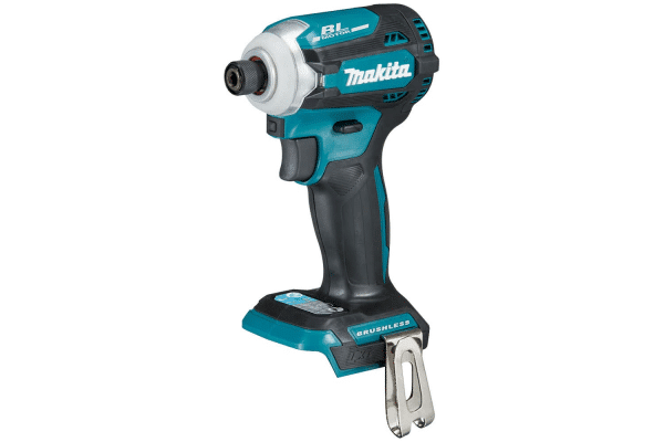 Image displays the Makita DTD171Z, an 18V LXT Brushless Impact Driver, distinguished by its compact design and the iconic Makita teal and black color scheme. This high-performance tool features a brushless motor for efficient power delivery and extended battery life. It offers four speed settings, including a unique Assist Mode (A-mode) for precise screw driving and a Tightening Mode (T-mode) for self-drilling screws, ensuring versatility across a wide range of applications. The tool is equipped with a dual LED light for illuminating work areas and a one-touch bit installation system for convenience. Ideal for professional use, this impact driver combines power, precision, and durability.