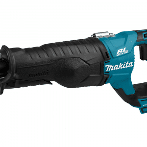 Image showcases the Makita DJR187Z, an 18V LXT Brushless Reciprocating Saw, designed for high performance and durability. The tool is highlighted by its robust design with Makita's signature teal and black color scheme. It features a powerful brushless motor that delivers efficient cutting speed and improved tool longevity. The saw includes a tool-less blade change mechanism for quick and easy blade swaps, and a variable speed control trigger for precision cutting in various materials. Additionally, it is equipped with an electric brake for increased safety and an LED light to illuminate the work area. Ideal for demolition, remodeling, and general cutting tasks, this reciprocating saw is engineered for professional use