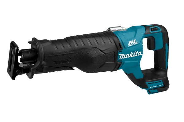 Image showcases the Makita DJR187Z, an 18V LXT Brushless Reciprocating Saw, designed for high performance and durability. The tool is highlighted by its robust design with Makita's signature teal and black color scheme. It features a powerful brushless motor that delivers efficient cutting speed and improved tool longevity. The saw includes a tool-less blade change mechanism for quick and easy blade swaps, and a variable speed control trigger for precision cutting in various materials. Additionally, it is equipped with an electric brake for increased safety and an LED light to illuminate the work area. Ideal for demolition, remodeling, and general cutting tasks, this reciprocating saw is engineered for professional use