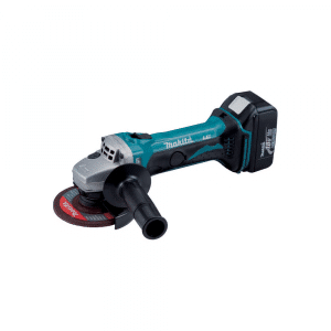 Image shows the Makita DGA452Z, an 18V LXT Cordless Angle Grinder with a 115mm disc size, highlighted by its compact and ergonomic design in Makita’s signature teal and black color scheme. This powerful tool features a high-performance motor designed for cutting, grinding, and polishing applications. It includes a safety guard, adjustable without tools for convenience, and a side handle that can be positioned on either side for operator comfort. The angle grinder also boasts a built-in electronic control circuit for battery protection against overload, over-discharge, and overheating, ensuring durability and reliable performance. Ideal for professionals and DIY enthusiasts seeking a versatile tool for a variety of tasks