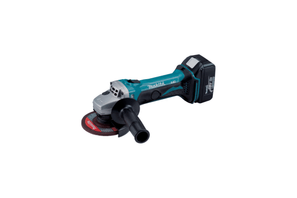 Image shows the Makita DGA452Z, an 18V LXT Cordless Angle Grinder with a 115mm disc size, highlighted by its compact and ergonomic design in Makita’s signature teal and black color scheme. This powerful tool features a high-performance motor designed for cutting, grinding, and polishing applications. It includes a safety guard, adjustable without tools for convenience, and a side handle that can be positioned on either side for operator comfort. The angle grinder also boasts a built-in electronic control circuit for battery protection against overload, over-discharge, and overheating, ensuring durability and reliable performance. Ideal for professionals and DIY enthusiasts seeking a versatile tool for a variety of tasks