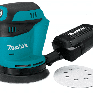 Image displays the Makita DBO180Z, an 18V LXT Random Orbital Sander, showcasing its compact, ergonomic design in Makita's signature teal and black colors. This cordless sander is equipped with a high-performance motor and a 125mm (5-inch) sanding pad, offering efficient and smooth sanding operations. It features three speed settings to match the sanding speed to the material, ensuring optimal finish. The tool is designed for comfort and control, with a rubberized soft grip handle that reduces vibration and fatigue during extended use. An efficient dust collection system minimizes airborne particles, making it ideal for a clean working environment. Perfect for professionals and DIY enthusiasts for various sanding tasks