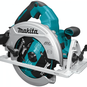 Image illustrates the Makita DHS780Z, an 18Vx2 LXT Brushless Circular Saw with a 185mm blade, designed for precise and powerful cutting tasks. This high-performance tool, showcased in Makita’s iconic teal and black color scheme, operates on two 18V batteries for increased power and longer run time, without the need for a cord. It features Automatic Torque Drive Technology (ADT), which adjusts the cutting speed and torque during operation for optimum performance. The saw includes a large, easy-to-read bevel and depth scale for accurate cuts, an electronic brake for safety, and a built-in dust blower to keep the cut line clear. Ideal for professional carpenters and builders requiring reliability and precision on the job site.