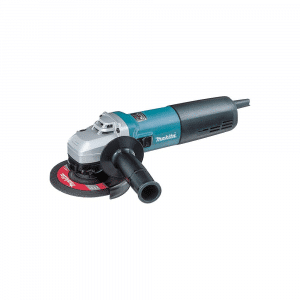 Image of a Makita 5-inch Variable Speed Angle Grinder, featuring a slim, ergonomic design with a teal and black color scheme. The tool is equipped with a powerful motor for efficient grinding and cutting, with adjustable speed settings for precision work. It includes a side handle for stability, a wheel guard for safety, and is designed for versatility in metalworking and construction tasks