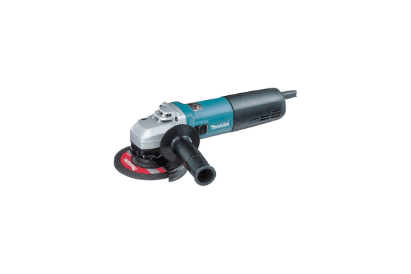 Image of a Makita 5-inch Variable Speed Angle Grinder, featuring a slim, ergonomic design with a teal and black color scheme. The tool is equipped with a powerful motor for efficient grinding and cutting, with adjustable speed settings for precision work. It includes a side handle for stability, a wheel guard for safety, and is designed for versatility in metalworking and construction tasks