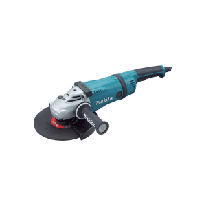 Image displaying the Makita GA9040S01, a robust 9-inch angle grinder with a 230mm disc diameter, powered by a 2400W motor for heavy-duty applications. The tool features a durable design in Makita's signature teal and black colors, with a soft-start function for safety and ease of use. It includes a rotatable rear handle for enhanced control during various grinding and cutting tasks, and is equipped with vibration-absorbing side grips for increased operator comfort. Ideal for professional construction and metalworking projects