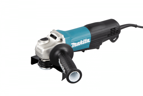 Image showcases the Makita GA5050, a 5-inch, 1300W angle grinder, designed for efficient and robust performance. This tool is presented in Makita's signature teal and black color scheme, emphasizing its durable construction. The GA5050 features a powerful motor for high output power in a more compact tool, making it suitable for a variety of grinding and cutting tasks. It includes a paddle switch with a lock-off for safety, a side handle for increased control, and a tool-less wheel guard for quick adjustments. Ideal for professionals in metalworking, construction, and renovation projects seeking a reliable and versatile grinding solution