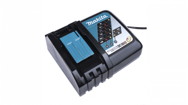Image depicts the Makita DC18RC Charger, model 6307-DC18RC-L, designed for efficient charging of Makita lithium-ion batteries. The compact charger is showcased in Makita’s recognizable black and green color scheme, indicating its compatibility with the LXT battery series ranging from 7.2V to 18V. It features an intelligent charging system that optimizes battery life by actively controlling current, voltage, and temperature. The charger includes a digital display for monitoring charge status and a built-in fan to cool the battery for faster charging. Ideal for professionals needing quick and reliable battery charging solutions for their Makita tools