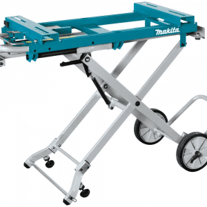 Image displays the Makita DEAWST05, a versatile WST05 Mitre Saw Stand, designed to offer robust support for Makita mitre saws. Constructed from lightweight yet durable materials, it features a compact and foldable design in Makita's professional blue and silver color scheme, facilitating easy transportation and storage. The stand includes extendable support arms to accommodate large workpieces, a tool-less adjustable height mechanism for user convenience, and sturdy rubber wheels for effortless mobility around the job site. Ideal for professionals and DIY enthusiasts seeking a stable, portable platform for precise mitre cutting tasks