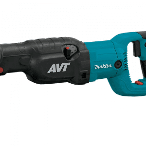 Image showcases the Makita JR3070CT, a powerful 1510W Recipro Saw with Anti-Vibration Technology (AVT), designed for high-demand cutting tasks. The tool is encased in Makita's iconic teal and black, highlighting its robust construction and ergonomic design. It features a variable speed control dial for precise cutting in various materials, a clutch system to protect the gears from blade lock, and an orbital setting for aggressive wood cutting. Equipped with a counterbalance system to reduce vibration, the JR3070CT offers enhanced user comfort and control. Ideal for demolition work, remodeling, and construction, it combines power, precision, and safety for professional users.
