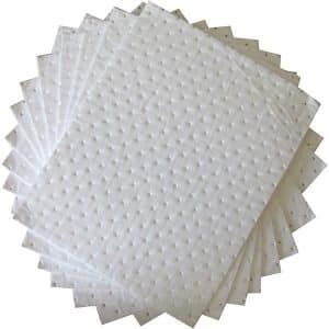 A photo of SpillTech® Oil-Only Absorbent Pads, 400GSM, designed specifically for oil and petroleum-based spill clean-up. These white pads are made from high-absorbency material, ideal for selectively absorbing oil while repelling water, making them perfect for use in workshops, marinas, and anywhere oil spills may occur. The image highlights the pads’ efficiency in targeting oil-based liquids, with a focus on their dense, non-woven fabric that ensures quick absorption and spill containment. Suitable for environmental cleanup and industrial applications where oil spills are a concern.