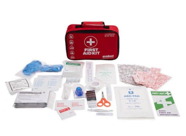 Esko First Aid Kit, 1-6 Person, 85 pieces, including bandages, antiseptic wipes, gauze pads, and essential medical tools.
