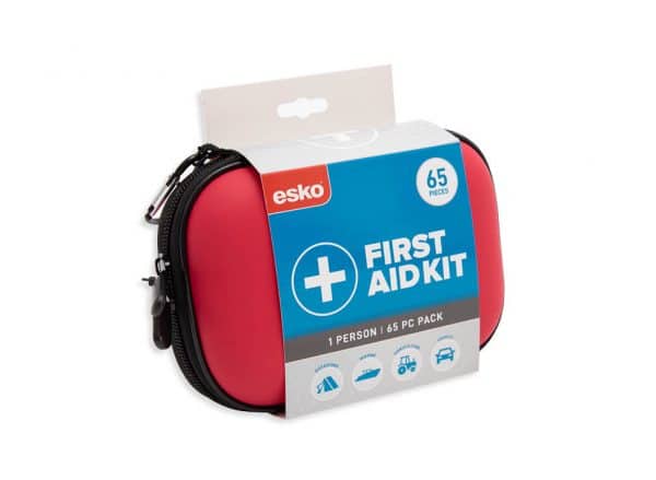Esko First Aid Kit, 1 Person, 65 pieces, including bandages, antiseptic wipes, gauze pads, and essential medical tools.