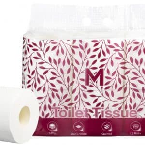 Pack of 12 White 3ply Toilet Tissue rolls with 250 sheets per roll, ideal for large households or commercial spaces