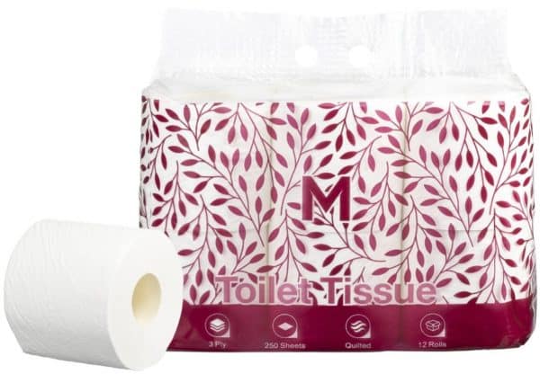 Pack of 12 White 3ply Toilet Tissue rolls with 250 sheets per roll, ideal for large households or commercial spaces