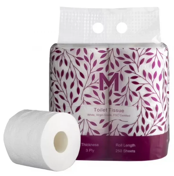 Pack of 4 White 3ply Toilet Tissue rolls with 250 sheets per roll, perfect for residential or light commercial use